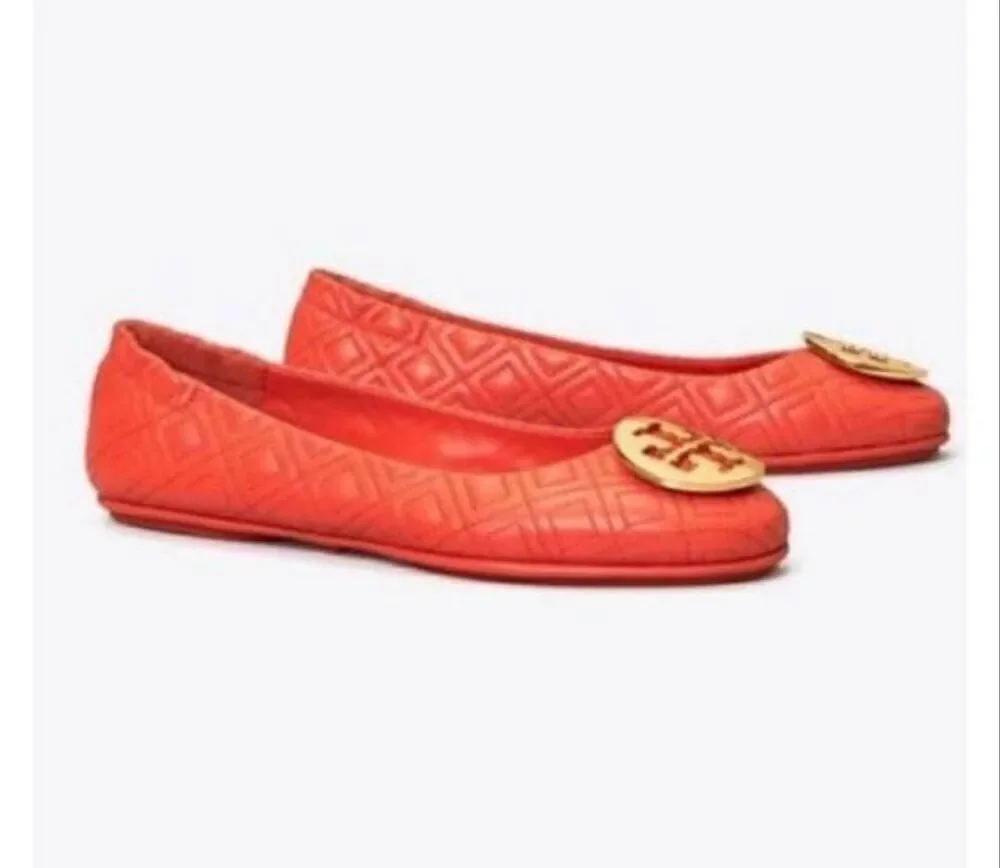 Tory Burch Minnie Quilted Leather Ballet Flats Vibrant Orange Fall Preppy Sz 6.5